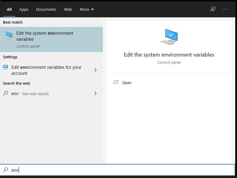 A screenshot of the search results for 'env'.